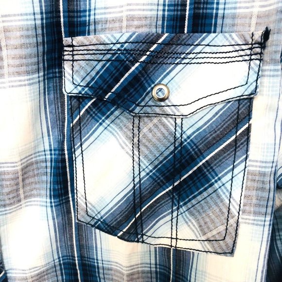 Skully Western Snap Shirt Men's 2XL 50 Chest Blue Plaid Roll Tab Sleeves - Picture 4 of 6